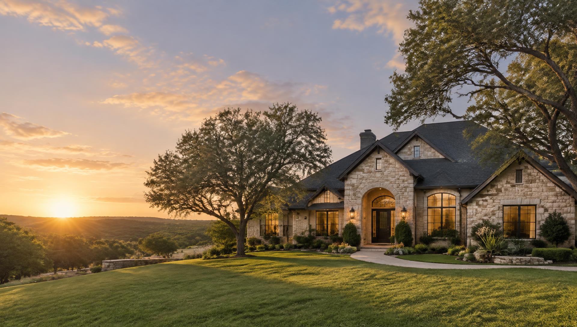 Hill Country stone home with a new architectural shingle roof at sunset